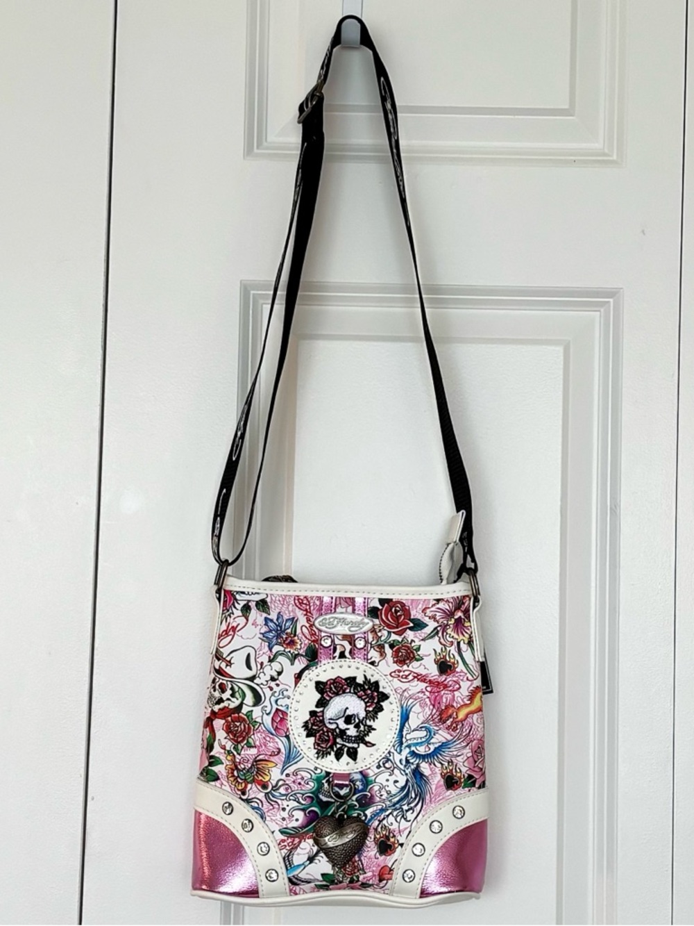 Ed Hardy Metallic Pink Floral Skull Crossbody Handbag